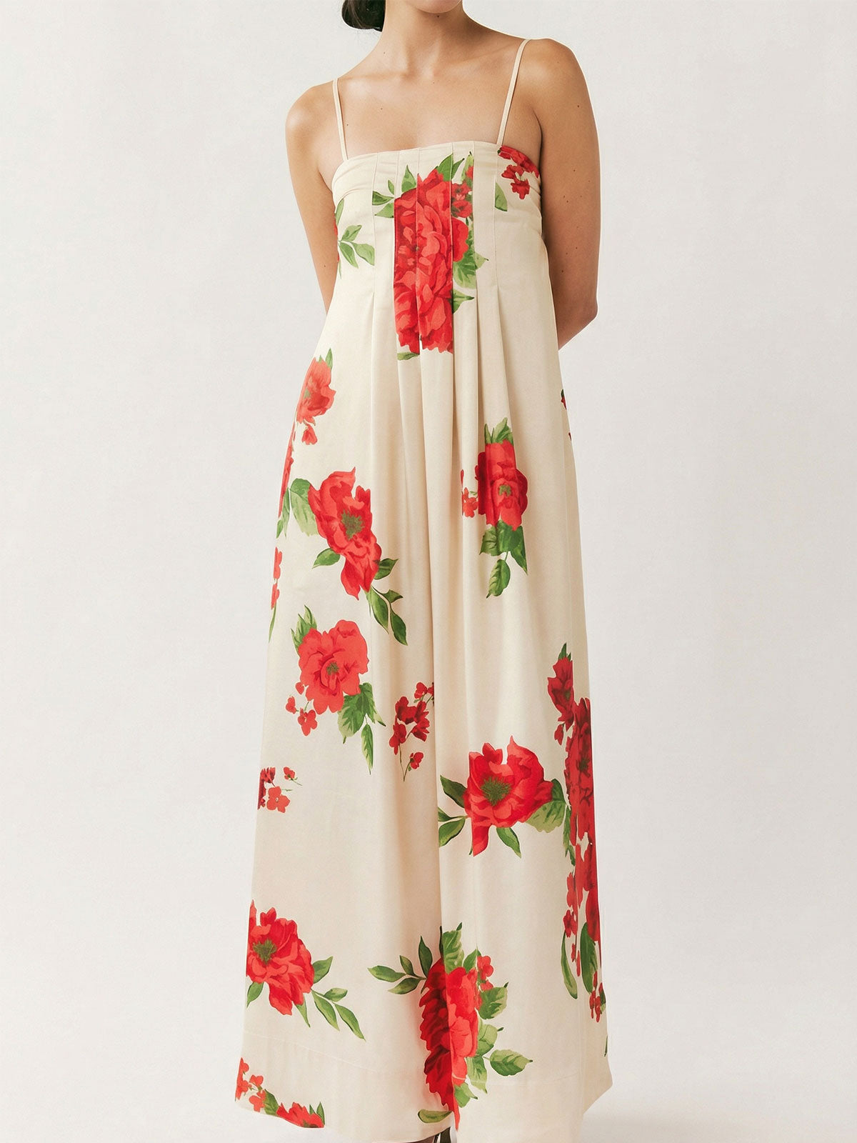 Tropical Floral Print Square Neck A Line Resort Pintuck Maxi Dress