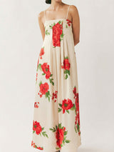 Tropical Floral Print Square Neck A Line Resort Pintuck Maxi Dress