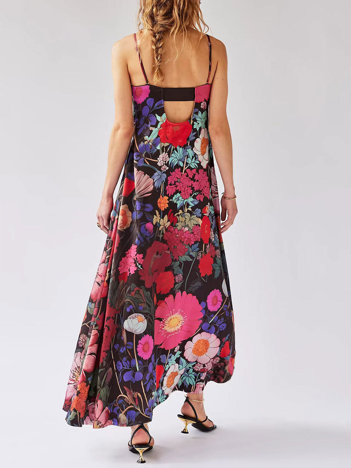 Tropical Floral Print Square Neck A Line Resort Pintuck Maxi Dress