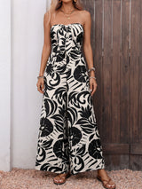 Tropical Palm Front Tie Strapless High Waist Resort Wide Leg Jumpsuit