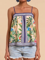 Tropical Palm Print Square Neck Breezy Resort Crop Cami Tank Top