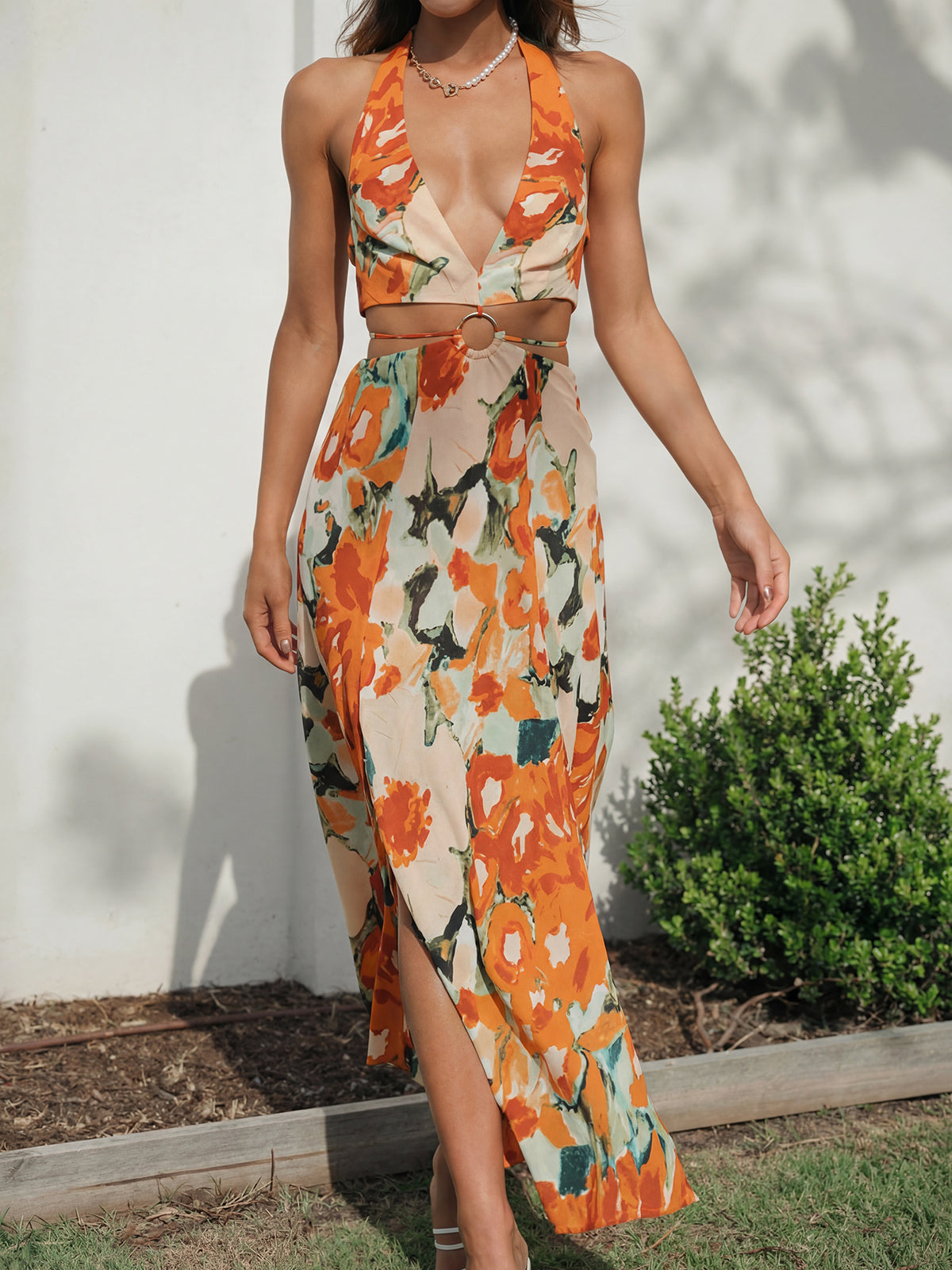 Vibrant Floral Deep V Halter O Ring Tie Back Resort Cutout Midi Dress