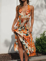 Vibrant Floral Deep V Halter O Ring Tie Back Resort Cutout Midi Dress