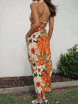 Vibrant Floral Deep V Halter O Ring Tie Back Resort Cutout Midi Dress
