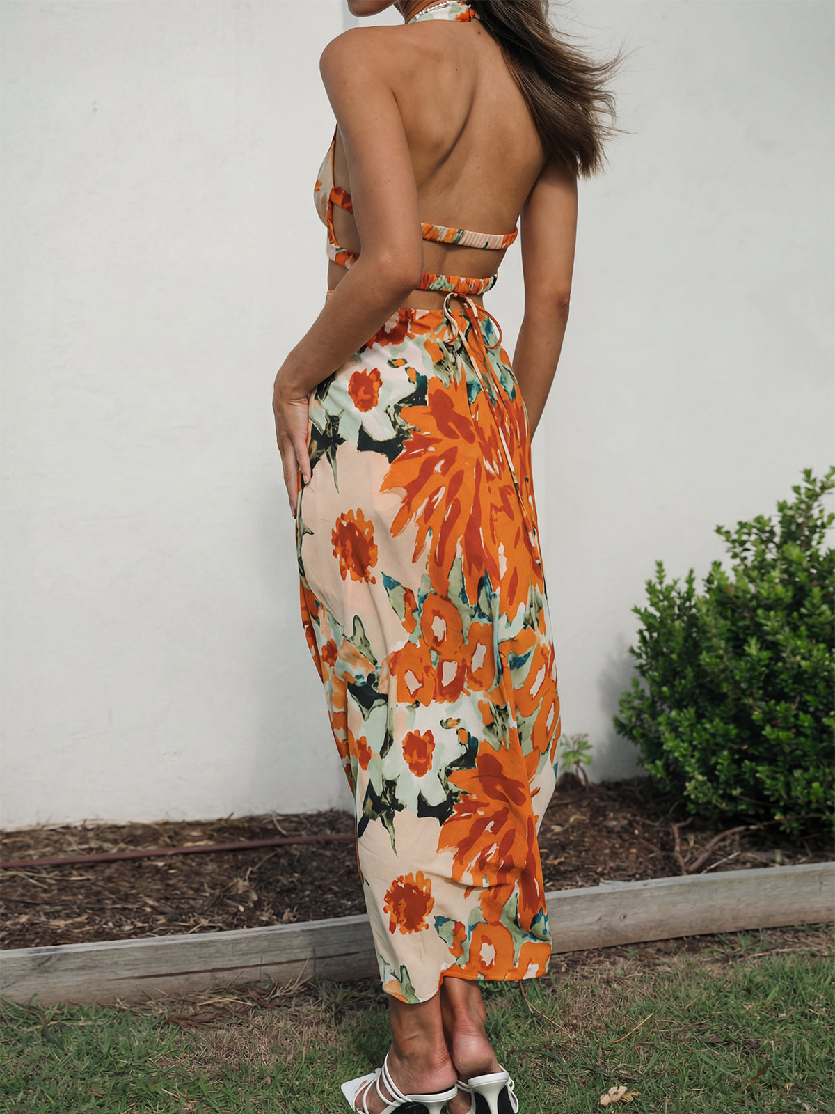 Vibrant Floral Deep V Halter O Ring Tie Back Resort Cutout Midi Dress