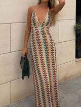 Vibrant Wavy Crochet Knit A Line Resort Deep V Halter Maxi Dress