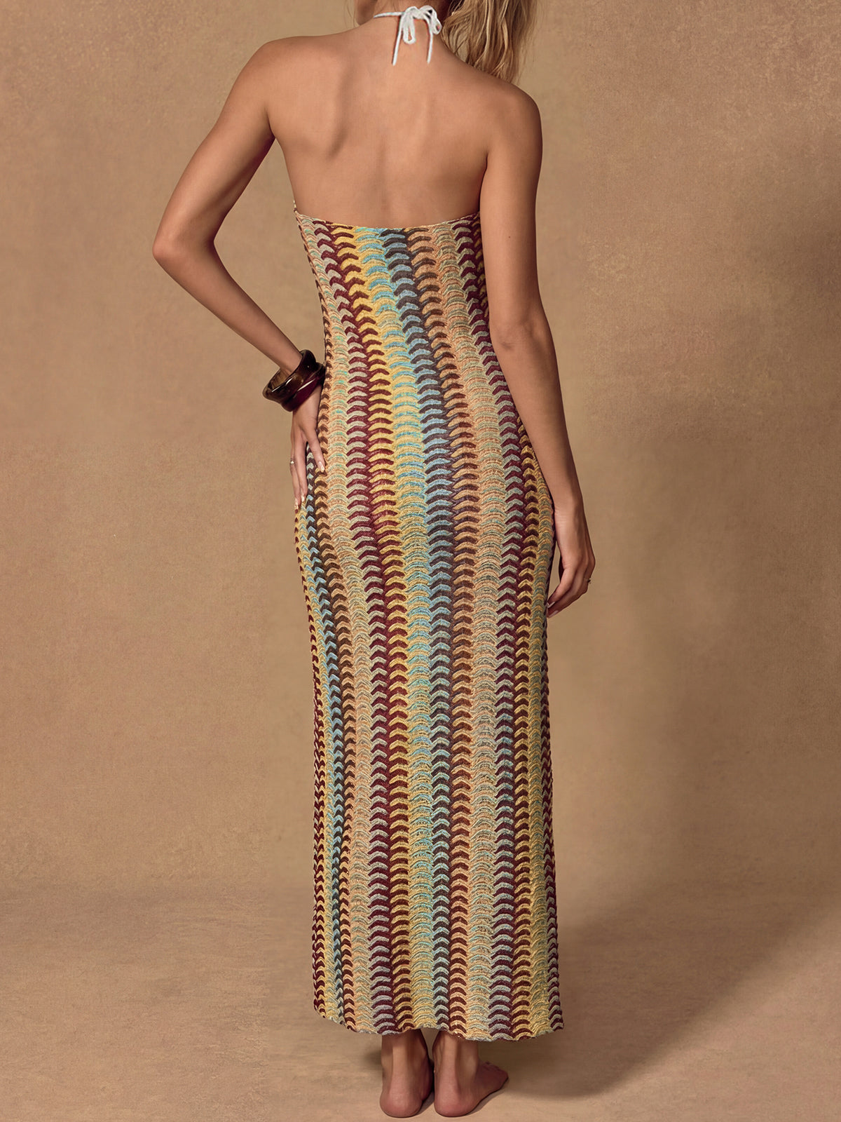 Vibrant Wavy Crochet Knit A Line Resort Deep V Halter Maxi Dress