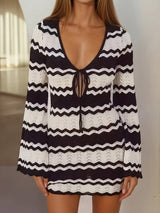 Wavy Open Knit Tie Neck Long Sleeve Beach Crochet Cover Up Mini Dress