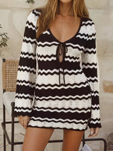 Wavy Open Knit Tie Neck Long Sleeve Beach Crochet Cover Up Mini Dress