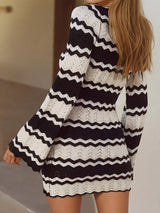 Wavy Open Knit Tie Neck Long Sleeve Beach Crochet Cover Up Mini Dress